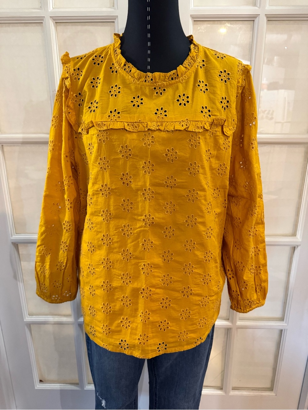 J. Crew Mustard Eyelet Ruffle Blouse